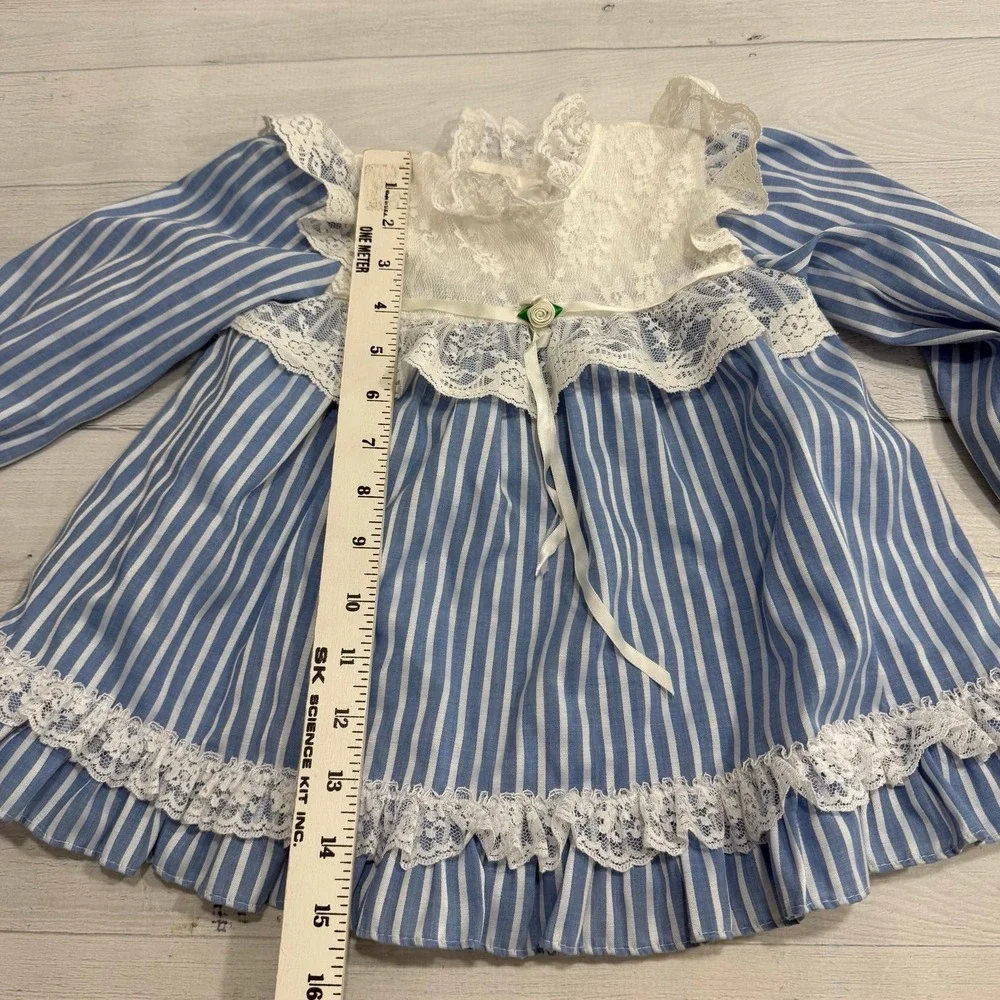 Vintage hugs & kisses baby girl blue white stripes lace dress 24 months